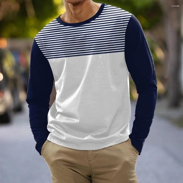 T-shirt da uomo T-shirt a maniche lunghe con stampa a righe di moda Camicia casual quotidiana per uomo Autunno Top in cotone di alta qualità Oversize confortevole