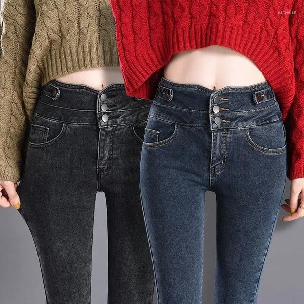 Kadın kot pantolon artı 25-32 kadın düğmeleri bahar sonbahar moda gündelik elasik sıska ince kalem bodycon push up uzun denim pantolon