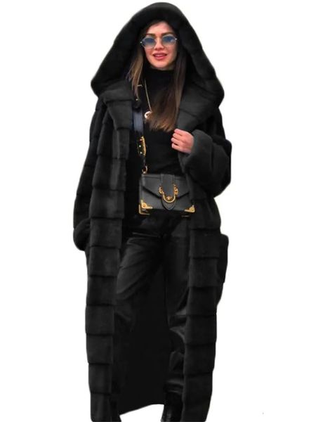 Cappotto da donna in pelliccia sintetica nera S-5XL lungo e spesso caldo con cappuccio in pelliccia di visone giacca autunno inverno moda rosa streetwear soprabito abbigliamento 231122