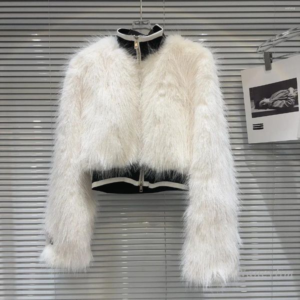 Frauen Pelz 2023 Winter Frauen Weiß Mantel Umweltschutz Wolle Faden Kragen Enge Taille Stepp Kurzen Mantel