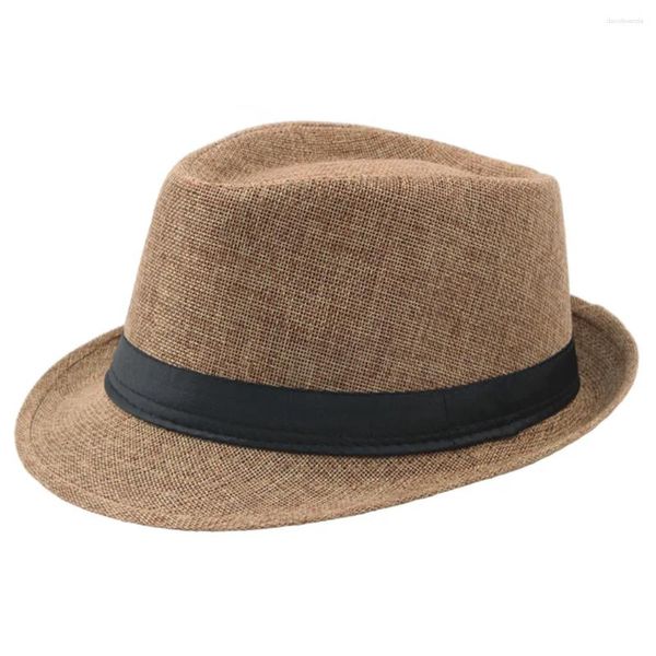 Cappelli a tesa larga Cappello a bombetta in lino da uomo Cappello a fascia con nastro Primavera Estate Protezione UV per esterni Sole Beige Chapeau da sposa Panama