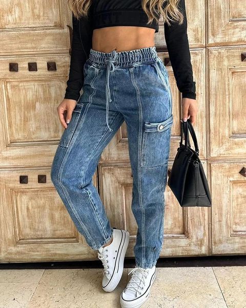 Frauen Jeans 2024 Hosen Y2k Mädchen Dünne Weibliche Kleidung Taste Tasche Deign Täglich Casual Jean Winter Solide