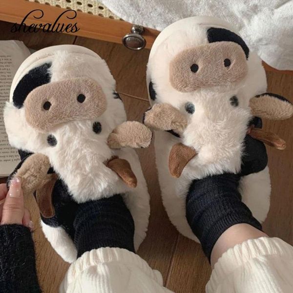 Pantofole Shevalues Simpatico peluche di mucca calda per le donne Moda invernale Kawaii Amanti del cotone peloso Scarpe da casa per interni dei cartoni animati