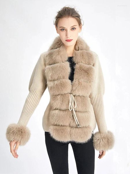 Pele feminina outono inverno casaco falso luxo camisola de malha cardigan com guarnição elegante cinto destacável casacos