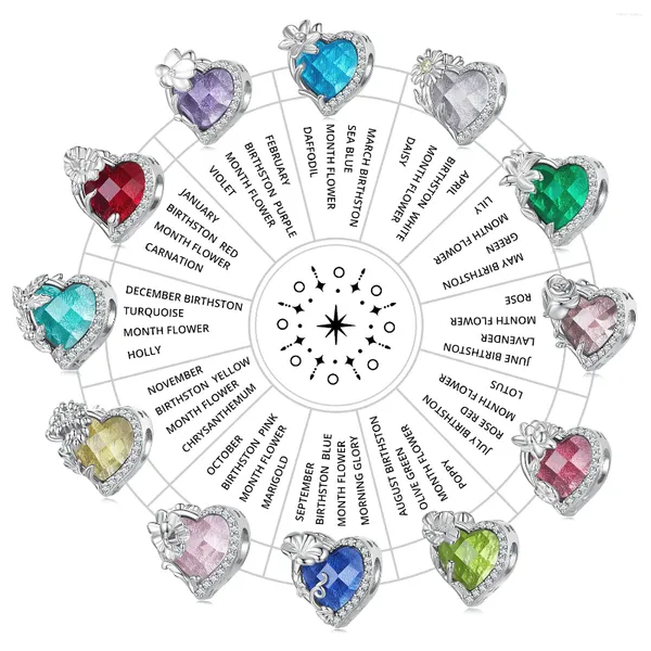 Pietre preziose sciolte Bamoer 925 Sterling Silver 12 colori a forma di cuore Birthstone Charm Beads Daisy Flower Charms per le donne Regalo di Natale BSC660