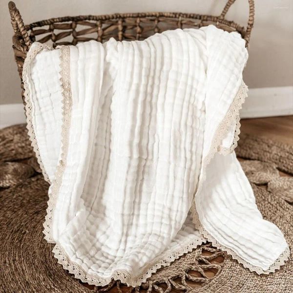Cobertores 6 camadas de musselina para bebês nascidos rendas sólidas swaddle cobertor toalha de banho de bebê algodão gaze capa mãe crianças