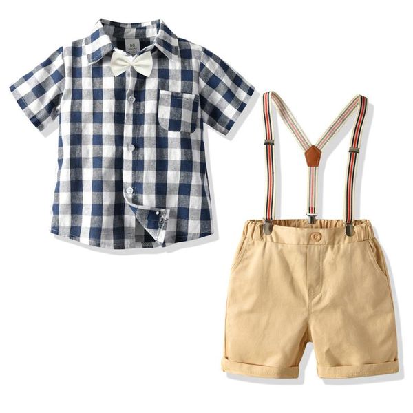 Set di abbigliamento 2023 Neonati maschi Vestiti estivi per bambini Camicia a maniche corte a quadri e pantaloni cintura Set Costumi per bambini per il compleanno Fabbrica Sal