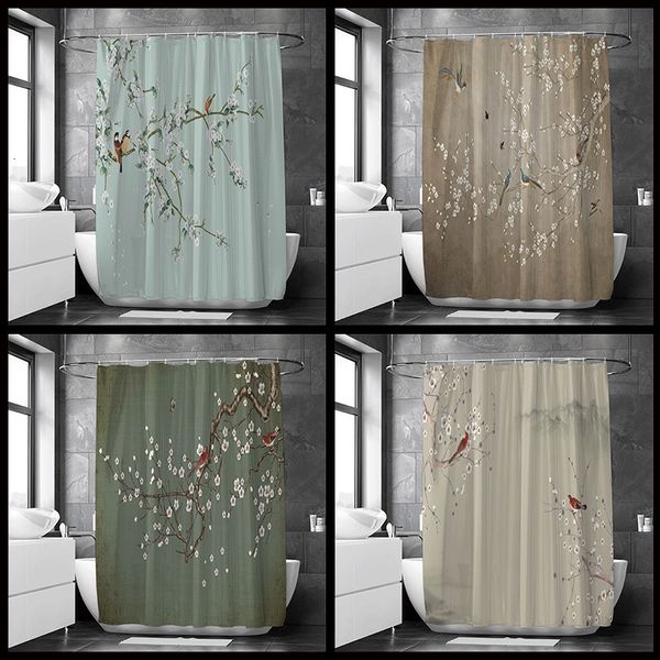 Tende da doccia Fiori Uccelli Tenda da bagno Tessuto impermeabile Foglie floreali Stampa Schermo da bagno Paesaggio Decorazione domestica 230422