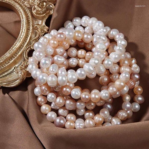 Braccialetti a maglie Bracciale di perle d'acqua dolce naturali color caramello per le donne vicino a perle di conchiglia rotonde Gioielli elastici per feste Regali carini