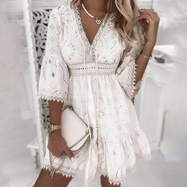 Abiti casual Estate Boho Bianco per donna Abito in cotone all'uncinetto scavato in pizzo Abito estivo da spiaggia per donna Manica corta Abito a trapezio ampio