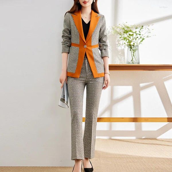 Damen-Trainingsanzüge, Frühling und Herbst, luxuriös, 2-teiliges Set, Büro-Damen, formeller Hosenanzug, Damen, Business-Arbeitskleidung, Blazer und Hose, Orange, Schwarz