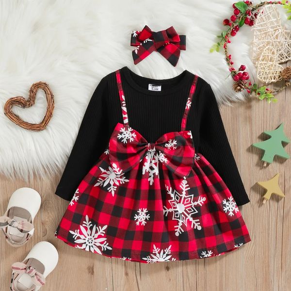 Vestidos para meninas homeproduct centerwomens bebê natal feriado duas peças painel floco de neve impressão arco vestido de manga longa 231122