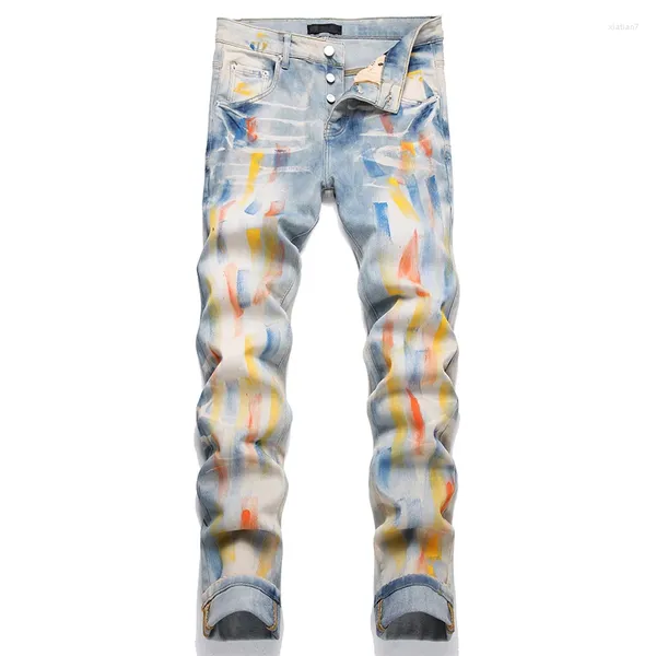 Calças de brim masculinas coloridas pintura impressão marca alta rua estilo punk estiramento magro pantalones hombre cintura média azul calças de carga magro