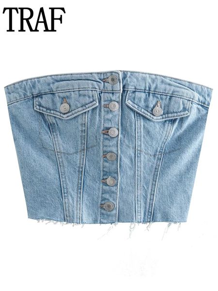 Maglietta da donna TRAF Blu Crop Top Corsetto di jeans femminile Donna Y2K Off spalla Sexy Tube Donna Party Fashion Summer s Streetwear 230422