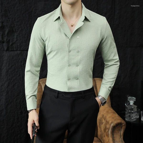 Camisas casuais masculinas mais recentes jacquard duplo breasted magro camisa de mangas compridas para homens outono roupas de negócios moda