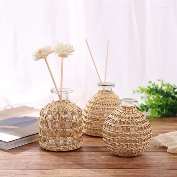 Vasi 1PC Vaso di vetro in rattan intrecciato fatto a mano per la disposizione dei fiori Ornamenti Casa fai da te Soggiorno Decorazione del desktop266r