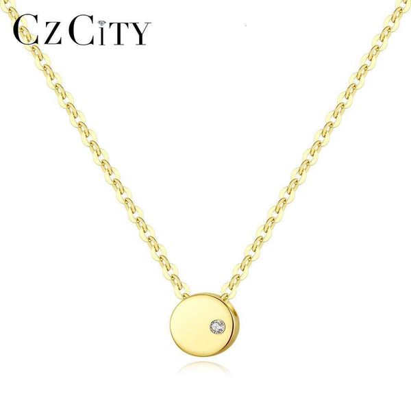 CZCITY 14K reine Anhänger-Halskette, einzelne runde, massive Anhänger, glänzende Goldketten-Halsketten