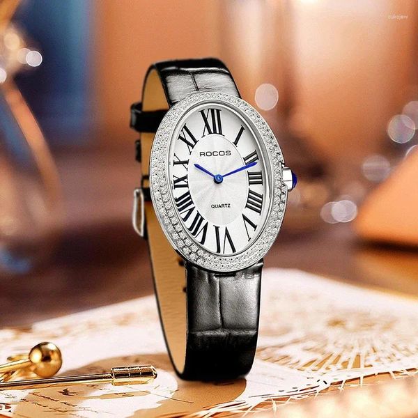 Armbanduhren ROCOS Leder Frau Uhr Elegante Damen Oval Quarz Mode Verkauf Drop R0254