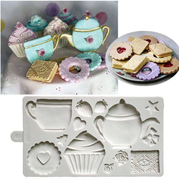 Stampi da forno Teiera pomeridiana Biscotti Stampo in silicone Stampo per decorazione torta fondente Argilla Sugarcraft Strumento per cottura al cioccolatoUtensili da cucina 230421