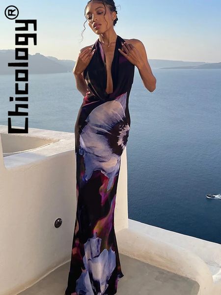 Vestidos Casuais Básicos Chicologia Sexy Halter Impressão Backless Bodycon Maxi Vestido Férias Praia Festa Festival Vintage Y2K Mulheres Outfit Atacado 231122