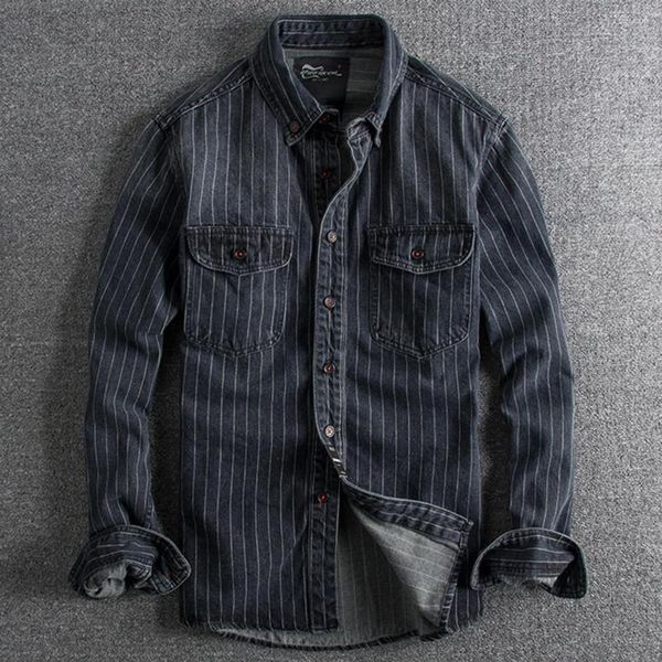 Herren Casual Shirts Old Fashion Herren Anzug Hemd Langarm Vintage Striped Mans Denim Coat Frühling Herbst European American