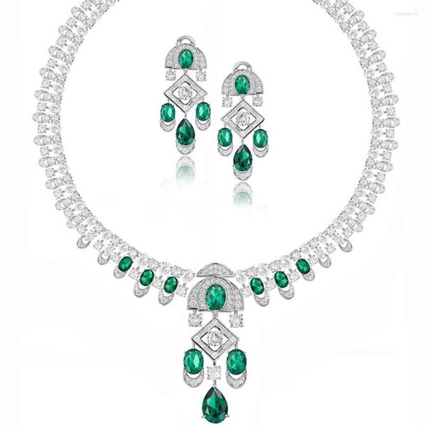 Brincos de colar Definir luxo 18k prateado ouro banhado esmerald verde cristal stone zircon luracida gota de jóias de casamento grandes mulheres