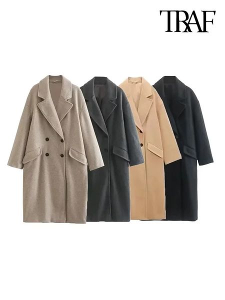 Misto lana da donna TRAF Cappotto di lana doppiopetto oversize moda donna Cappotto di lana vintage a maniche lunghe con tasche con patta Capispalla femminile Cappotto chic 231122