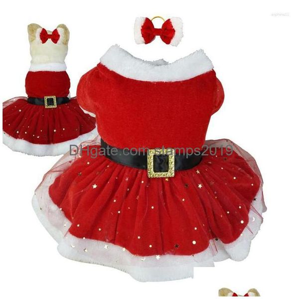 Abbigliamento per cani Pet Christmas Outfit Rete lucida Costume da Babbo Natale Abbigliamento per ragazza carina Abiti rossi Cat Holiday Drop Delivery Home Gar Dh0Wc