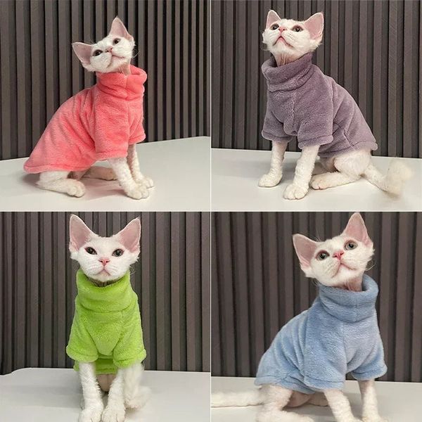 Trajes de gato Turtleneck Sweater Casaco Inverno Quente Roupas Sem Cabelo Suave Fluff Pulôver Camisa para Maine Coon Chihuahua Pet Roupas 231122