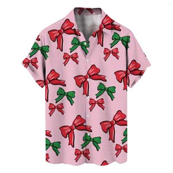 Camisas casuais masculinas blusas de natal engraçado navidad camisa dos desenhos animados topos gravata borboleta lapela-pescoço temático impresso de manga curta