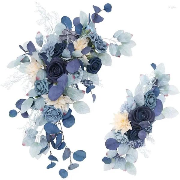 Flores decorativas 2 peças arco de casamento azul flor artificial swag floral empoeirado rústico eucalipto vegetação forcerimônia sinal cadeira