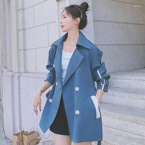 Trench da donna Autunno Donna Cappotto corto in colore a contrasto con cintura Blu Nero Casual Bavero Doppiopetto Manica lunga Giacca a vento femminile