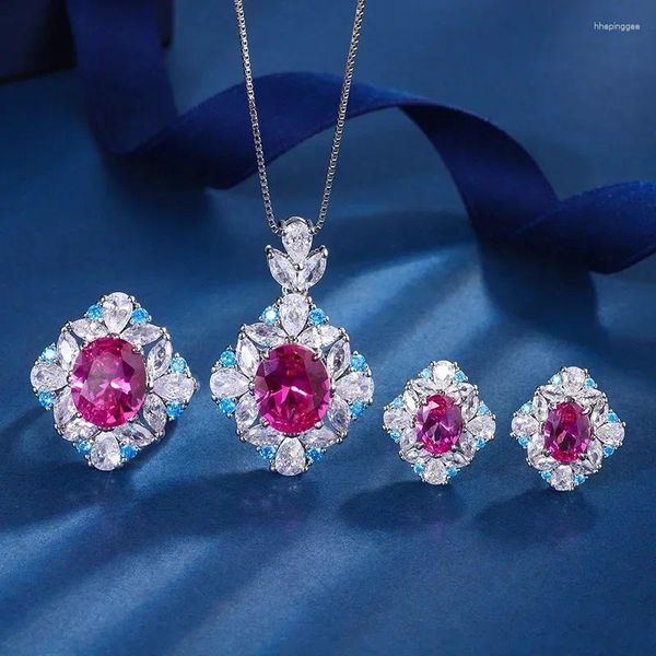 Colar brincos conjunto shjewelry anéis europeus e americanos simulados rosa vermelho corindo temperamento para mulher 10 12-6 8