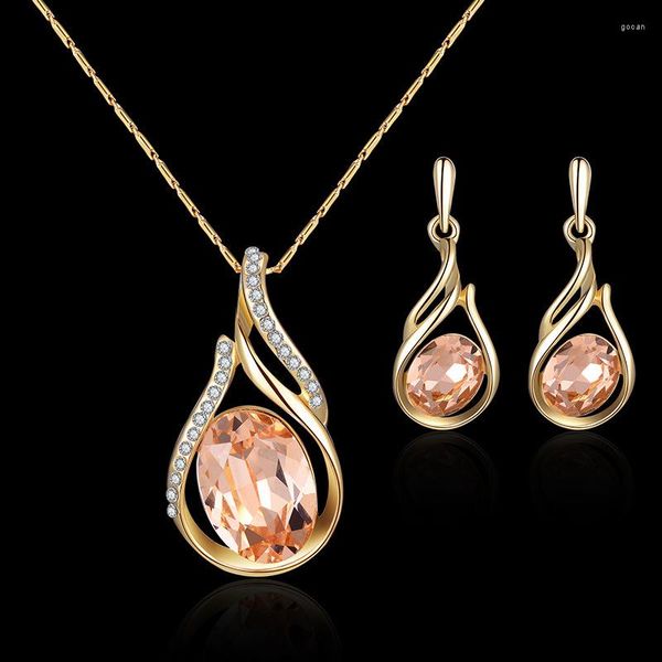 Collana Orecchini Set Carino Femminile Champagne Cristallo Gioielli Fascino Colore Oro Ciondola Per Le Donne Boho Zircone Pietra Catena Da Sposa