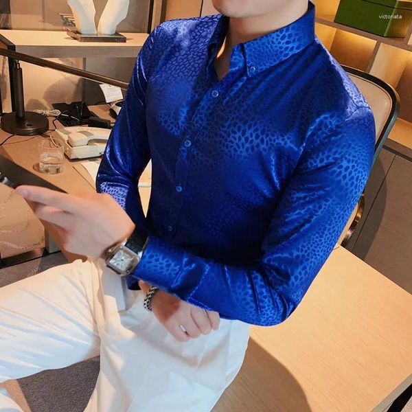Camisas casuais masculinas sentido superior fino superfície brilhante camisa floral de mangas compridas outono moda cor pura lazer vestido de emagrecimento/smoking
