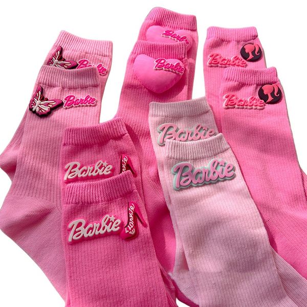 INS детские носки Барби цвета дофамина для девочек, носки с бабочкой и надписью «любовь и сердце», аппликация, осенние белые детские хлопковые вязаные носки Z5306