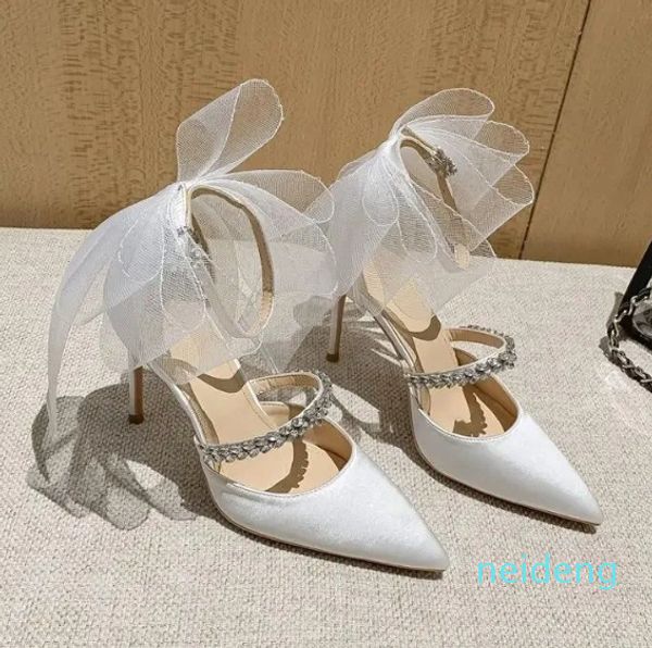 Sapatos de vestido preto bowknot salto alto para mulheres cinta fina fivela malha vermelho diamante único em