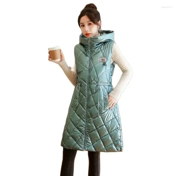 Gilet da donna Autunno Inverno Superficie lucida Gilet lungo Cappotto da donna Gilet caldo spesso Capispalla femminile Scaldamuscoli Cappotto elegante con cappuccio