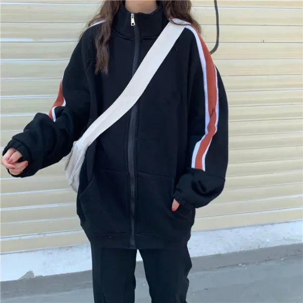 Felpe con cappuccio da donna HOUZHOU Harajuku Kpop Felpe con zip da donna Stile coreano Velluto Grigio a righe laterali Oversize Inverno caldo Hippie Street