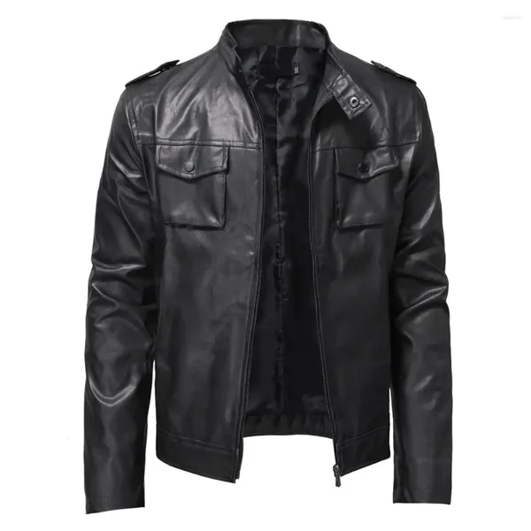 Мужские куртки 2023 Кожаная куртка с утолщенным воротником-стойкой и текстурированным карманом на молнии для продвинутого делового бомбера