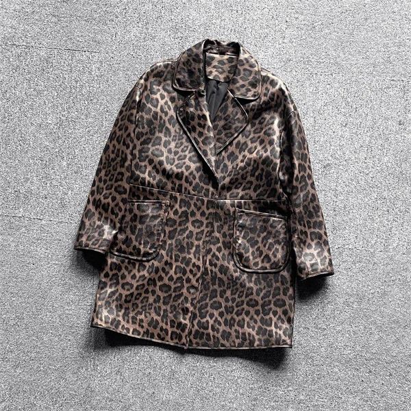 Casaco feminino de couro genuíno outono/inverno estilo commuter leopardo padrão comprimento médio top de pele de carneiro para mulher