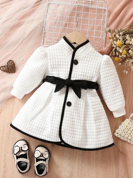 Para baixo casaco bebê meninas moda outono e inverno vestido térmico com cinto conjunto princesa clássico preto branco cor contraste cardigan 231122