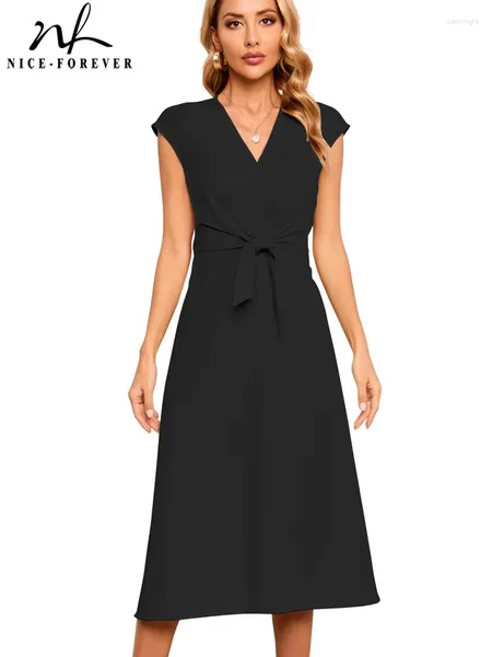 Casual Dresses Nice-Forever Frühlingsfrauenmode Feste schwarze Farbe mit Schärpe Formales Business-Büro Elegantes A-Linien-Kleid A353
