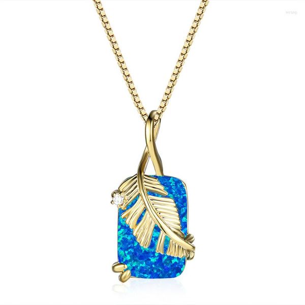Подвесные ожерелья белый синий опал -квадратный каменное ожерелье Классическое перо винтажное золото серебряная цветовая цепь для женщин