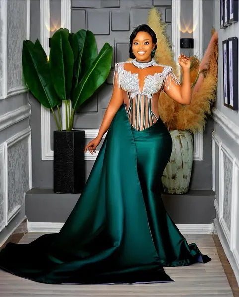 ASO EBI Dunkelgrüner Meerjungfrau Prom Kleid Satin Perlen Kristalle formelle Party Abend Zweiter Empfangsgeburtstag Verlobungsbrautjungfernkleider Kleider ZJ051 407