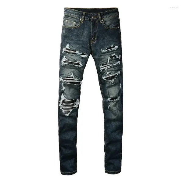 Jeans masculinos AIKESSXX Deep Blue Alta Qualidade Street Fashion Angustiado Stretch Slim Fit Danificado Buracos Couro Costelas Patches Skinny Rasgado Jean