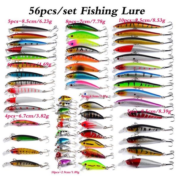 56pcs lot balıkçılık yemleri seti karışık minnow lot yem, krankbait tackle bas bas bas hass için tuzlu su tatlı su alabalığı bas somon balıkçılık303i