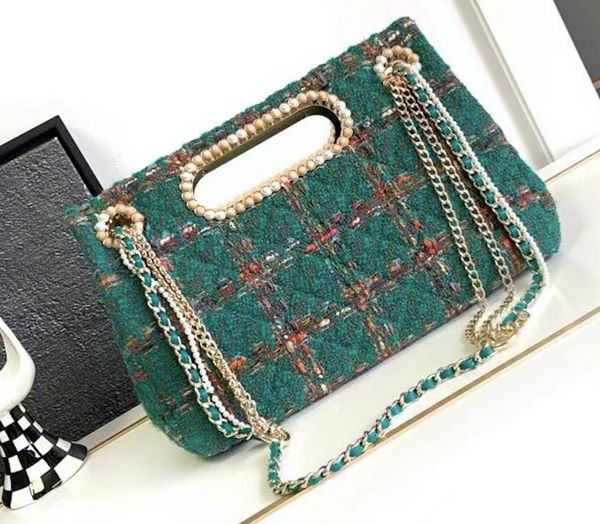 Borsa con catena di perline di legno di perle di tweed verde fatta a mano di fascia alta con buona qualità e prezzo all'ingrosso, spedizione veloce