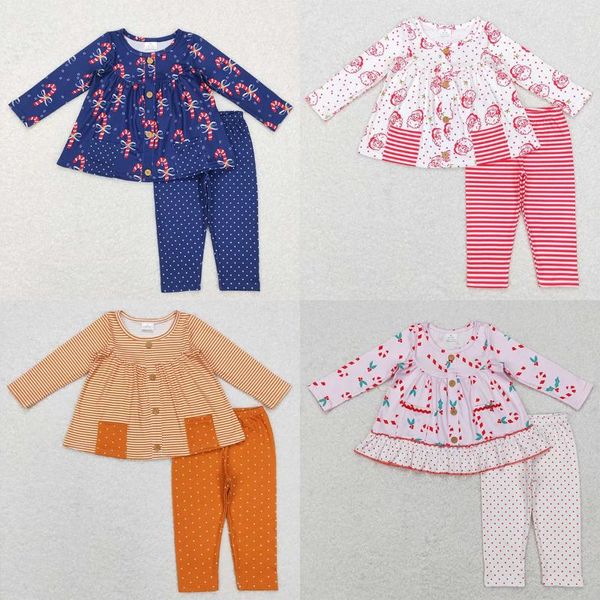 Set di abbigliamento all'ingrosso Neonata Natale Manica lunga Bastoncino di zucchero Tasca Tunica Leggings blu Bambini Due pezzi Abiti da bambino