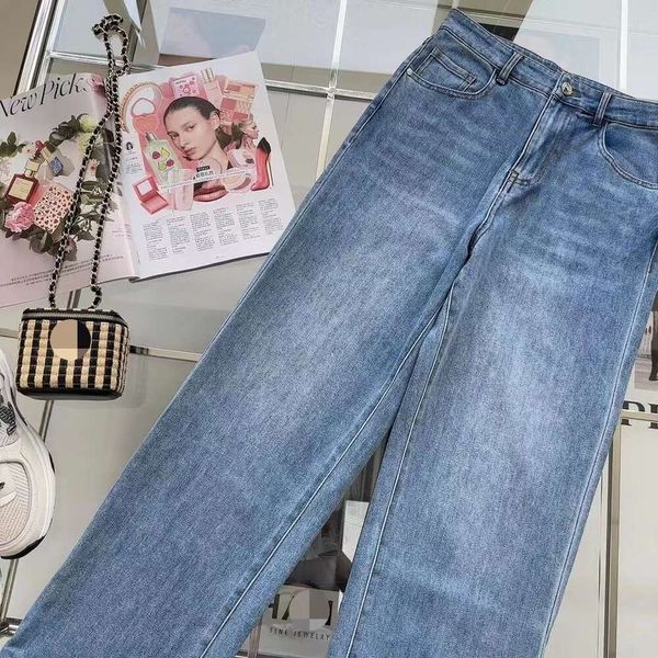 Kleidung Jeans Hohe Taille Saum Manschetten Gerade Denim Hosen Gesäßtasche Farbe Kontrast Leder Marke Dekoration Mode Frauen Großhandel